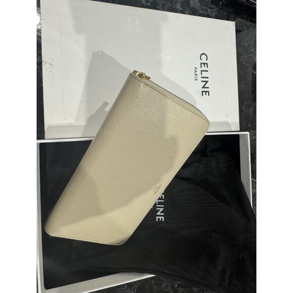 CELINE Logo Leather Zip Around Long Wallet Beige/7BE1687 - Picture 1 of 9